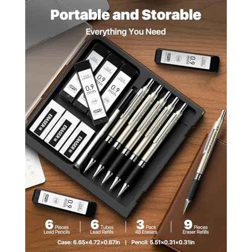 Four Candies Metal Mechanical Pencil Set - 6PCS 0.9mm Art Mechanical Pencils & 360PCS HB Lead Refills & 3PCS Erasers & 9PCS Eraser Refills, Drawing Mechanical Pencils for Writing, Sketching -With Case