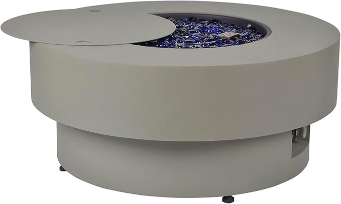 Propane Outdoor Fire Pit Table with Wind Glass Shield, Flint & Concrete Look 32.5-inch Round Patio Gas Fire Table 50,000 BTU w/Lid, Fire Glass, Cover, Pre-Attached 10ft Propane Hose
