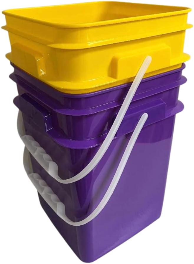 House Naturals 4 Gallon Square Food Grade Plastic Bucket with Lid, Made in USA (Pack of 2) BPA Free (Yellow/Purple)