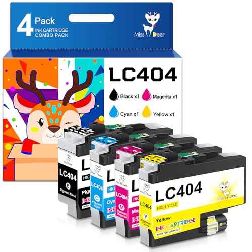 Miss Deer LC404 Ink Cartridges BK/C/M/Y Compatible Replacement for Brother LC404 LC-404, Used with Brother MFC-J1205W MFC-J1215W MFC-J1205W XL Printer,4Pack