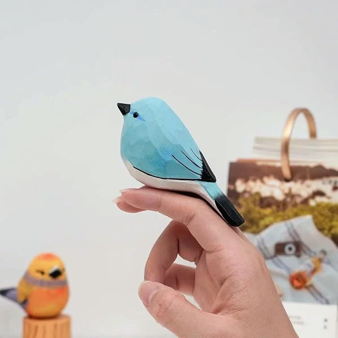 Handmade Wooden Blue Robin Figurine - 3.7" Hand-Carved & Painted Bird Statue - Solid Basswood Animal Sculpture for Home Office Decor, Holiday Ornaments & Memorial Gift for Bird Lovers
