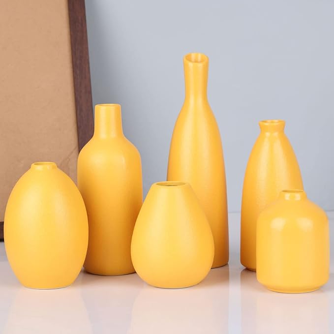 Yellow Ceramic Bud Vases Set of 6, Mini Vases for Farmhouse Mantel, Shelf & Fireplace, Home Accents for Living Room, Entryway, Bathroom, Kitchen, Office, Bulk Table Decor