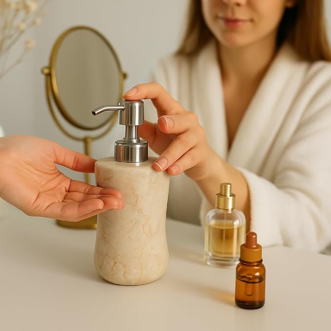 Creative Home Natural Marble Soap Dispenser with Stainless Steel Pump, Beige