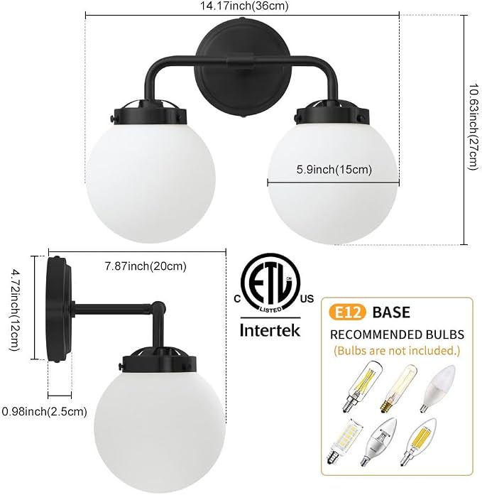Black Bathroom Light Fixtures Over Mirror, Modern Vanity Lighting with Milk White Glass Globe Shades 2-Light Farmhouse Wall Sconce