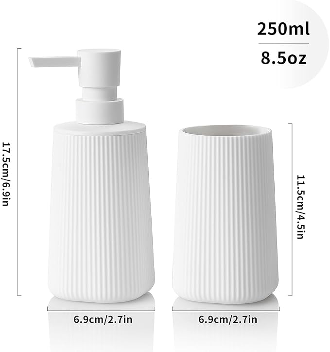 YAUKPH Bathroom Accessories Set 2 Piece Soap Dispenser and Toothbrush Holder for Bathroom Countertop Striped White