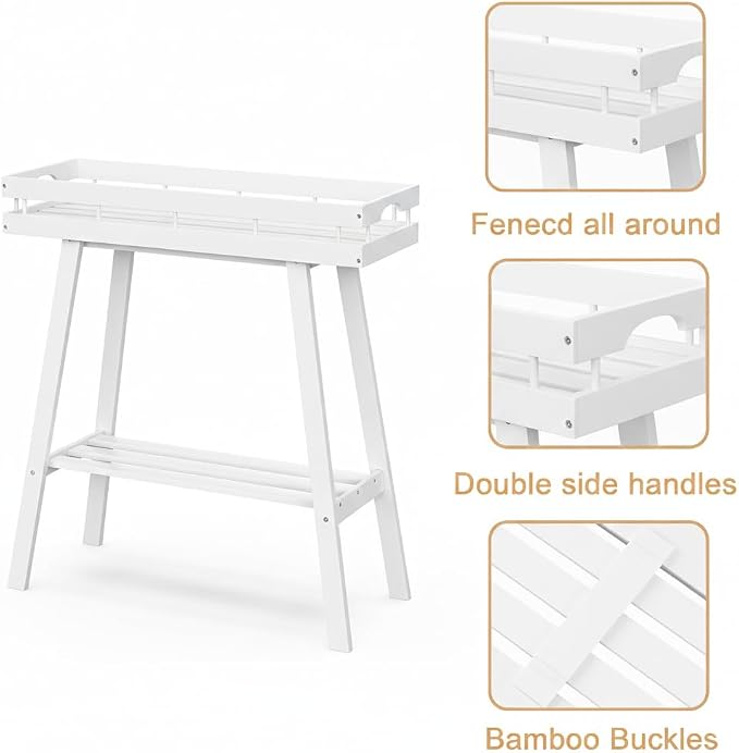 BAMBANG Bamboo Plant Stand Indoor, 2 Tier Small Plant Table, Tall Plant Stand for Indoor Plants, Window Sill Plant Shelf, Flower Pot Holder Plant Bench Plant Rack for Living Room, White
