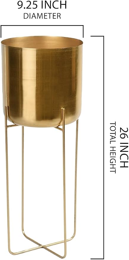Serene Spaces Living Tall Gold Planter with Detachable Metal Stand - Modern Mid Century Decorative Indoor Plant Pot - Large Floor Planter for Living Room, Kitchen, Office - 26" H x 9.25" Diameter