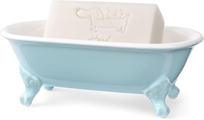 6.5" Ceramic Mini Decorative Clawfoot Bathtub Bar Soap Dish, Kitchen Sponge Holder and Shower Tray for Bathroom, 1 Pack(Baby Blue)