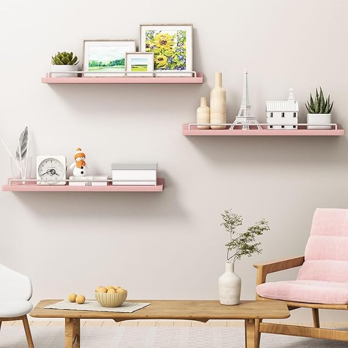RYOFOBETTO 22 inches Long Floating Shelves, Bathroom Decor Shelves Over Toilet, Farmhouse Wall Shelves for Living Room, Bedroom, Picture Frames, Plants, Kitchen, Set of 3 (Pink and White)