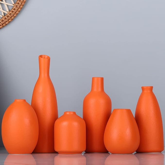 Orange Ceramic Bud Vases Set of 6, Farmhouse Decor, Fireplace Decor, Mantle & Shelf Decor, Home Decoration for Living Room, Entrance, Bathroom, Kitchen & Office, Coffee Table Decor, Bud vases in Bulk