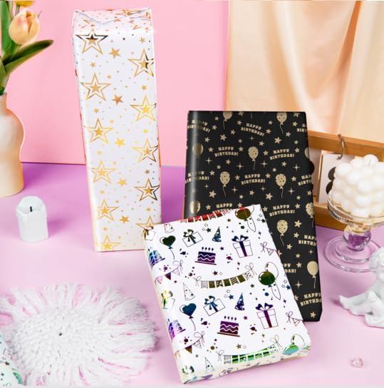 Linnoptimix Birthday Wrapping Paper Rolls -3 LARGE ROLL-27inch*78 inch per roll Colorful Foil wrapping paper (Birthday 1 Black/Gold&1 White/Gold &1White/Colorful Foil（011）)