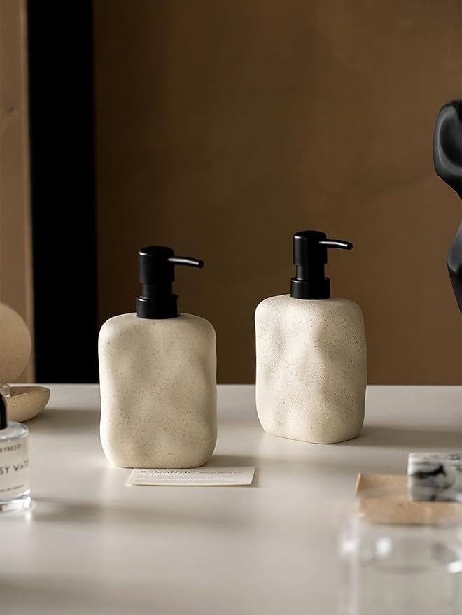 Modern Organic Ceramic Soap Dispenser – Matte Stone Textured Hand Sanitizer Pump – Minimalist Bathroom & Kitchen Decor