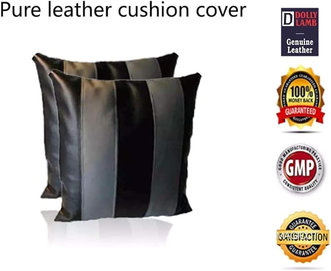 D DOLLY LAMB Lambskin Leather Pillow Cover - Sofa Cushion Case - Decorative Throw Covers for Living Room & Bedroom, 22x22 Inches - Black Grey Pack of 2