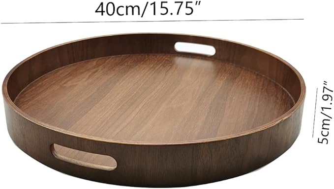 i-lan 16" Large Round Wooden Serving Tray with 2" Sides, Circle Walnut Food Storage Display Platter Plate with Handles,Decorative Wood Tray for Coffee Table,Ottoman,Vanity,Kitchen, Bathroom