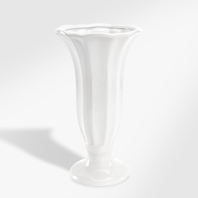 Modern Fluted Ceramic Vase, 10 Inch White Flower Vase with Pedestal Base, Decorative Table Top Vases for Centerpieces, Home Decor, Living Room, Bedroom, Wedding and Events, Housewarming Gift