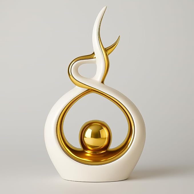 White & Gold Abstract Ceramic Ornament – Modern Decorative Sculpture for Living Room, Shelf & Coffee Table Décor – Minimalist Home Accent, Table Centerpiece Gift for Home Lovers