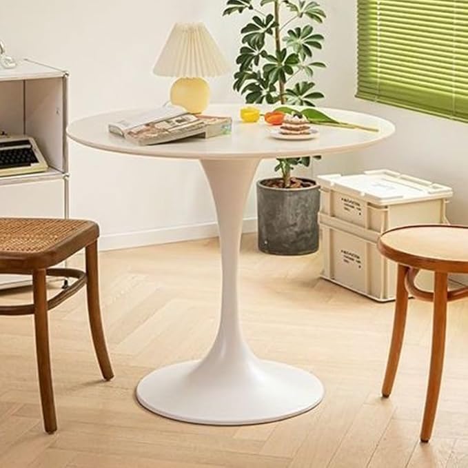 24" Tulip Table for 1-2 Persons Modern Round Dining Room Table, Mid-Century Modern White Small Kitchen Table with MDF Wooden Top, Leisure Coffee Table for Living Room, Dining Room, Office