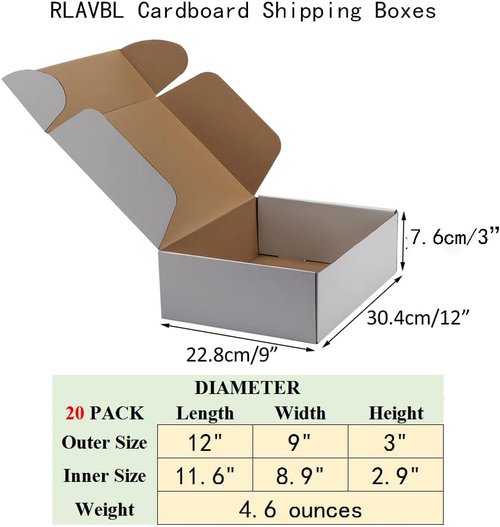 RLAVBL Shipping Boxes - 12x9x3 Inches White Corrugated Cardboard | Set of 20 Mailer Boxes for Small Business
