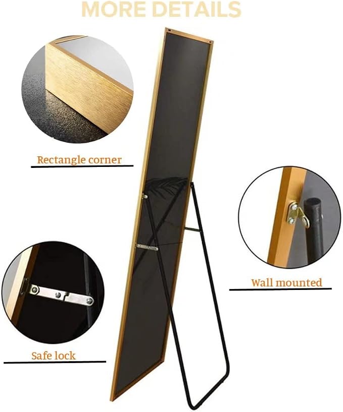 Dewfig Full Length Mirror with Stand, 64" x 21" Free Standing Floor Mirror, Full Body Mirrors, Hanging or Wall Mounted Mirrors for Bedroom, Rectangle Shape, Metal Frame,Gold
