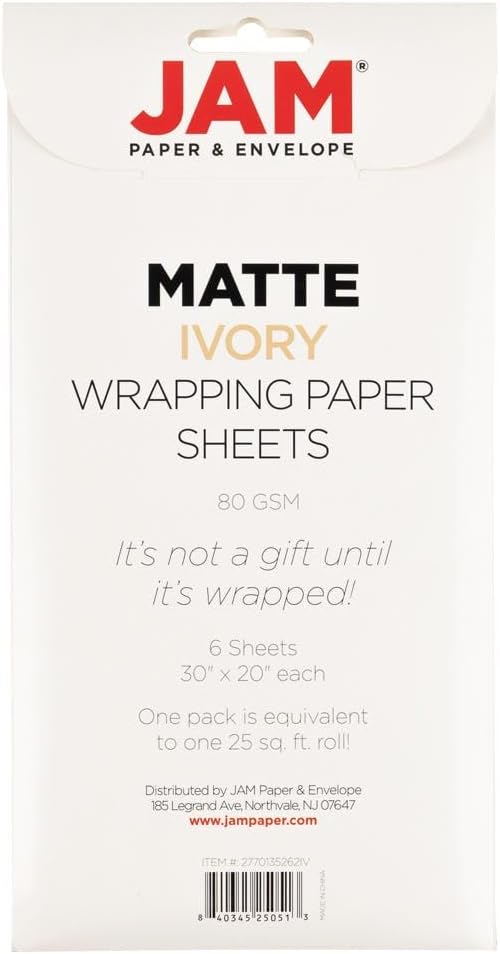 JAM Paper Gift Wrap - Matte Wrapping Paper Sheets - 30" x 20" Per Sheet (25 Sq Ft Total) - Matte Ivory - 6 Sheets/Pack