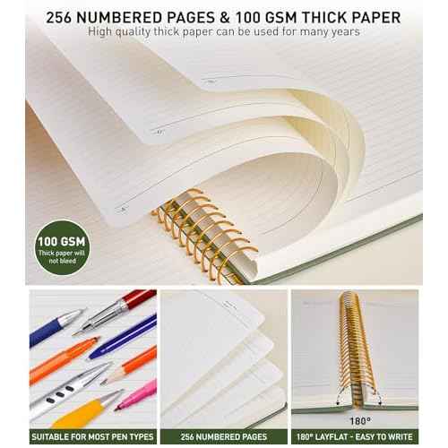 A4 Spiral Notebook Journal 8.5¡± x 11¡±, 256 Numbered Pages Hardcover Leather Journals for Women Men, Large Lined College Ruled Notebooks, 100GSM Thick Paper, Spiral Bound Journal for Work School, Green