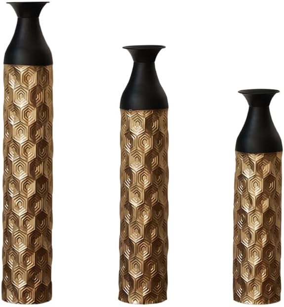 Metal Floor Vases Decorative, Set of 3 Flower Arrangement Stand, Metal Decorative Vase Tall Distressed Metallic Centerpiece Vases with 3D Triangle Pattern, 33.8", 29", 24.8" H (Black1＆Gold1)