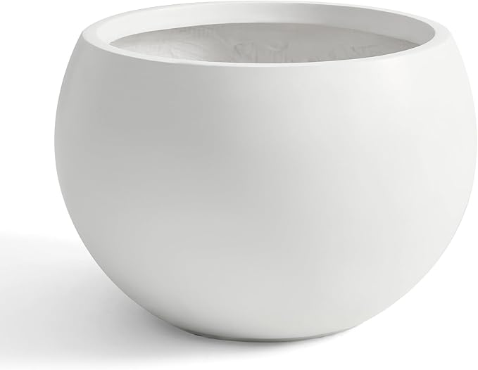 Fiberstone Sphere Planter, 19.3" Dia x 13" H Large Flower Pot with Drainage Hole and Silicone Plug, Round Plant Container for Indoor or Outdoor, 15" Opening, Large White