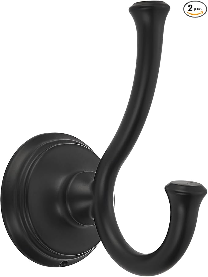 TUNNY Towel Hook Bathroom-2 Pack Matte Black Double Robe/Towel Hook Wall Mounted Hook for Bathroom Bedroom Kitchen