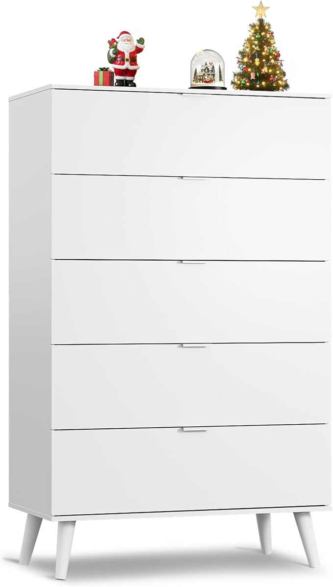 WLIVE 5 Drawer Dresser for Bedroom, Tall Wooden Dresser, White Dressers Storage Organizer with Sturdy Metal Handle, Chest of Drawers for Living Room, Hallway, Closet