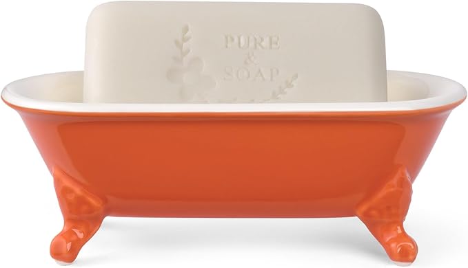 6.5" Ceramic Mini Decorative Clawfoot Bathtub Bar Soap Dish, Kitchen Sponge Holder and Shower Tray for Bathroom, 1 Pack(Dark Orange)