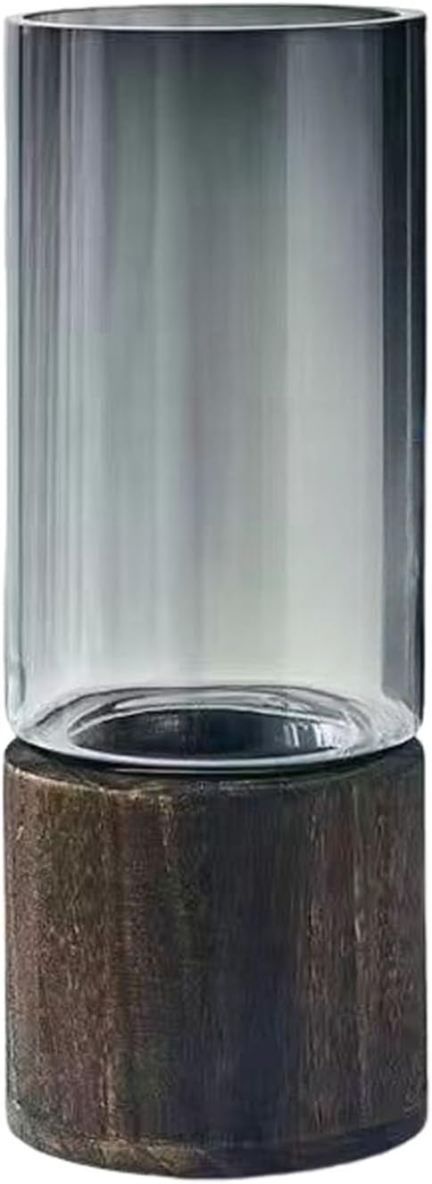 1 PC Simple Creative Wooden Glass Vase Dry Vase Hydroponic Wooden Base Cylindrical Flower Classic Boho Rustic Style for Decoration(Smoky Grey)