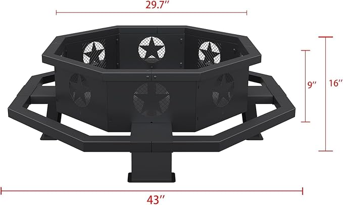 ZIENLIFE 43 Inch Fire Pit for Outside Wood Burning, Outdoor Octagonal Fire Pit with Poker, Large Firepit for Camping, Backyard, Patio, Black