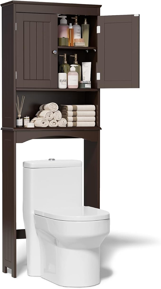 Gizoon Over the Toilet Storage Cabinet with Adjustable Shelf and Double Doors, Bathroom Space Saver Organizer Above Toilet with Open Shelf, Taller Wooden Free Standing Toilet Rack -Espresso