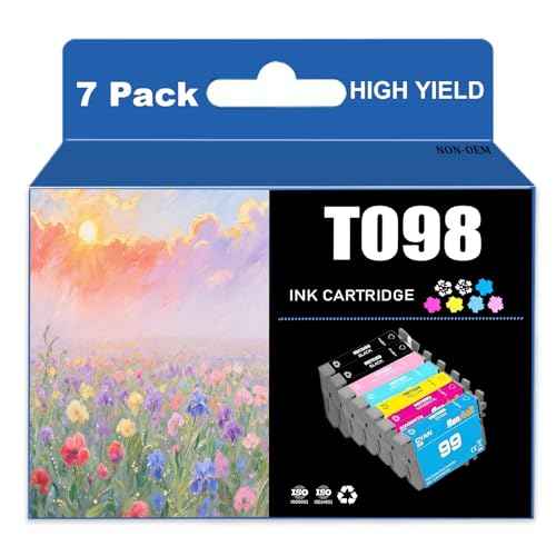 Run Star High Yield T098 T099 98 99 Remanufactured Ink Cartridge Replacement for Epson T98 T99 use with Epson Artisan 700 710 725 730 800 810 835 837 Printer (7 Pack, 2BK/C/M/Y/LC/LM)