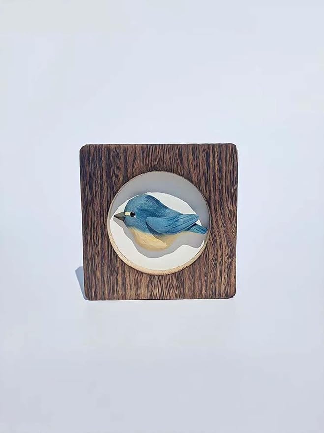 Wood Bird Sculpture with Frame, Cute Hand Carved Bird Wall Art Bird Wall Decor Wooden Wall Decor Desk Table Ornament Office Home Décor Bird Gift (Blue)