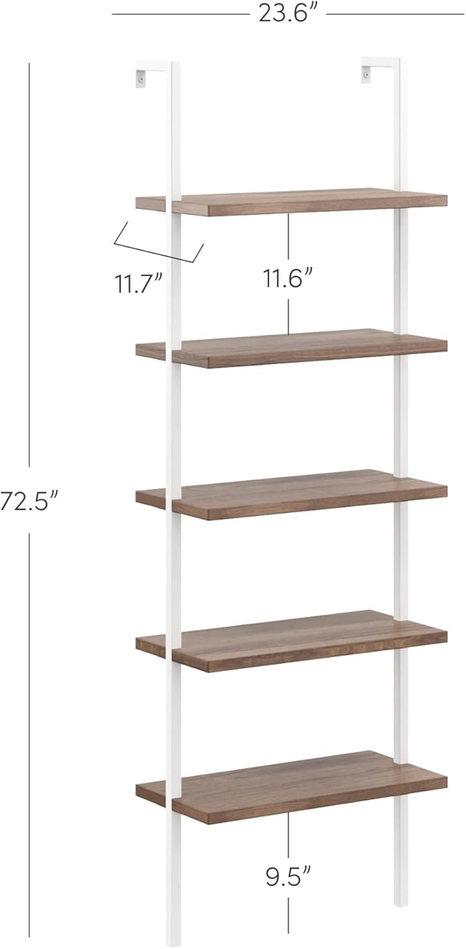 Nathan James Theo 5-Shelf Wood Modern Bookcase, Open Wall Mount Ladder Bookshelf with Industrial Metal Frame, Natural Light Brown/White, Set of 3