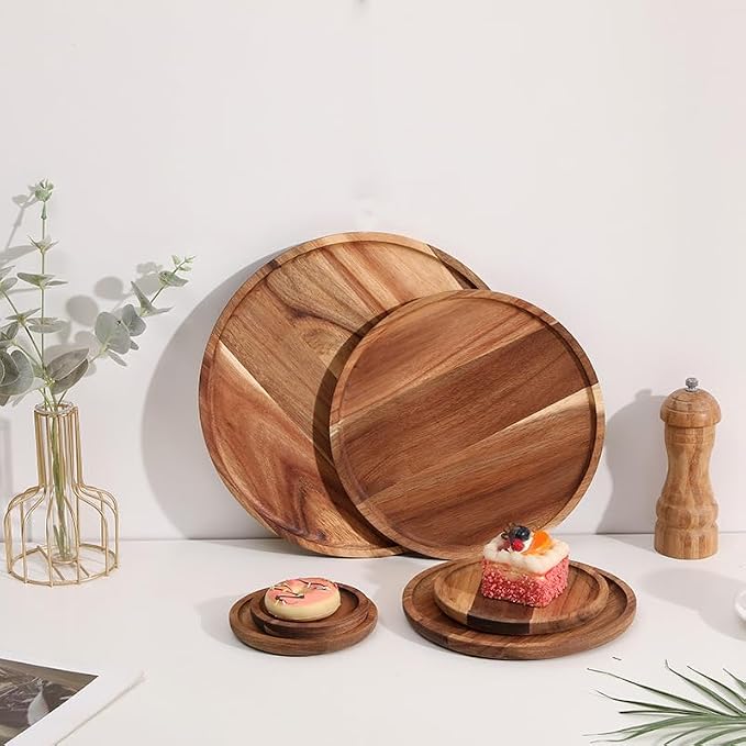 Round Wood Tray, Acacia Wooden Decorative Serving Tray for Coffee Table and Home Decor, Wooden Appetizer Charcuterie Board for Kitchen Countertop (13.8 inch)