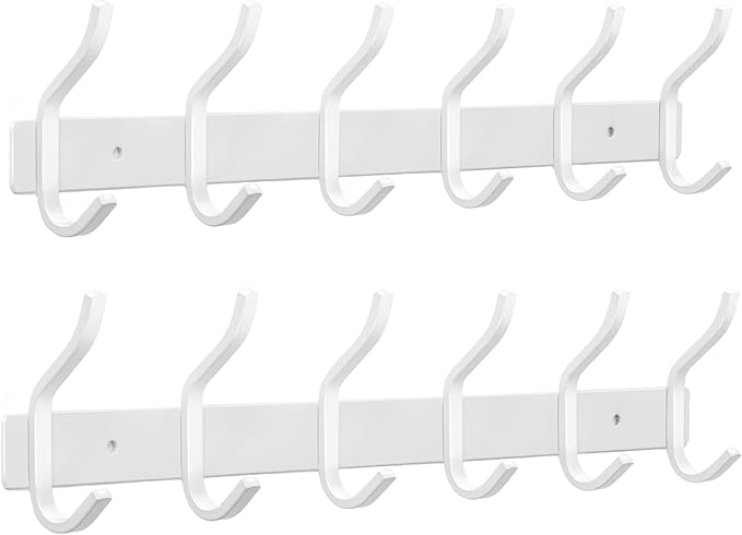 HAMUTH White Wall Hooks Heavy Duty, 17 Inch Coat Hooks Wall Mount with 6 Hooks,2 Packs Wall Hooks Hangers for Entryway, Bathroom - for Hanging Backpack, Bag, Coat, Purse, Hat, Towel, Clothes