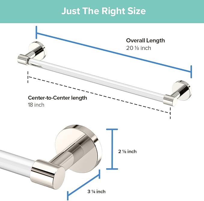 Gatco 5721 Clarion 18" Bathroom Towel Bar, Polished Nickel, Wall-Mounted Towel Rack, Crystal-Clear Acrylic Modern Bathroom Accessory