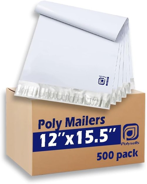 POLYSELLS Poly Mailers - 500 Pcs 12x15.5 Inches White & Silver Shipping Envelopes | Waterproof & Tear-Resistant