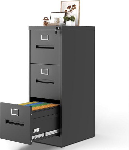 Regine Switzerland 3 Drawer Vertical File Cabinet - Metal Filing Cabinet with Lock for Legal/Letter Size Folders | Anti-Tipping Design, Black