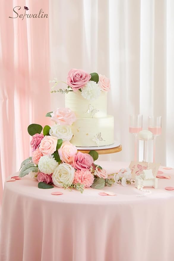 Serwalin 2 Pcs Artificial Flowers Fake Flowers for DIY Wedding Bouquets Cake Flowers Decoration Mixed Roses Combo Blush Pink and White Flower Centerpieces Arrangements for Home Party Decor
