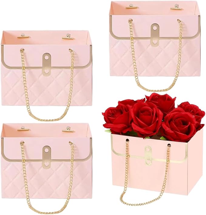 NADUSEP Flower Box Paper Bouquet Storage Bucket, Florist Flower Hand bag with Metal Chain Waterproof for Gifts Wrapping Supplies Bulk Mother's Day Valentine's Day Women's Day (Pink)