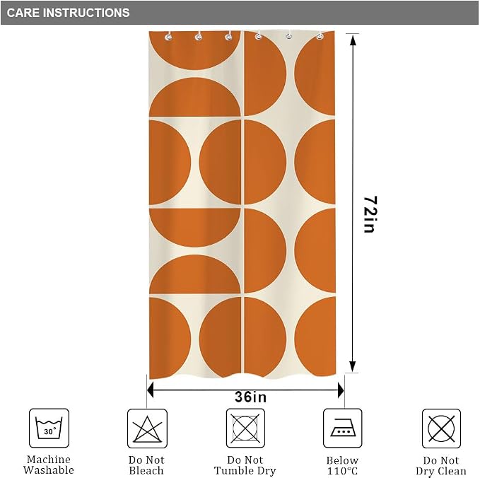 Orange Mid Century Modern Shower Curtain, Boho Abstract Geometric Retro Art Bath Curtains For Bathroom, Colorful Unique Pattern Waterproof Polyester Fabric Bathroom Accessories Set 12 Hooks 36X72IN