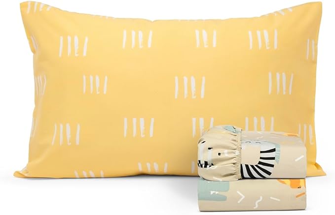 Salt Earth 100% Cotton 210TC Kids Bedsheet, Twin Sheets Set, Toddler Bed, 3 Piece Bedding Set Including Flat Sheet, Fitted Sheet & Pillowcase, Themed Cute Sheets Kids Bed (Summerland/Yellow Pillow)