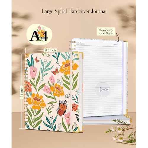 Cute Spiral Notebook Journal for Women, 200 Pages Lined Notebooks 8.5¡± x 11¡±, A4 Large Hardcover Spiral Journals with 100 GSM Thick Paper, College Ruled Notebook for Writing Work School, Orange Floral