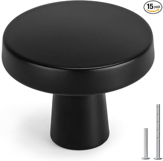 homdiy 15 Pack Black Cabinet Knobs Round Matte Kitchen Handles Zinc Alloy Metal Hardware for Dresser Drawer Desk Cupboard