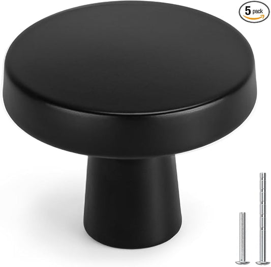 homdiy 5 Pack Black Cabinet Knobs Round Matte Kitchen Handles Zinc Alloy Metal Hardware for Dresser Drawer Desk Cupboard