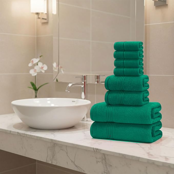 8 Piece Bath Towels for Bathroom - 100% Cotton, Soft Absorbent Bathroom Towels Set - 2 Extra Large Bath Towels, 2 Hand Towels & 4 Washcloths - Hotel Spa Thick Plush Towel, Kelly Green