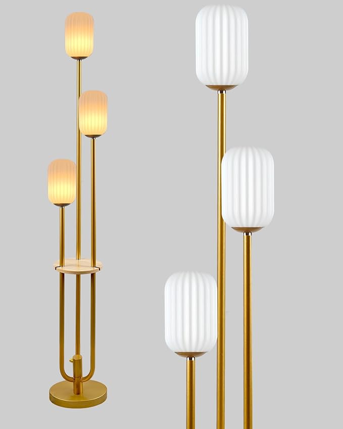 Floor Lamp for Living Room, Dimmable Vintage Floor Lamp with Shelf & LED Bulbs, 3 Light 3000K Soft Warmwhite Mid Century Standing Lamp, Tall Lamps with 5Lbs Heavy Base for Bedroom Office